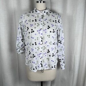 Anthropologie Maeve Blouse White Embroidered Button Down Floral Roll Tab Medium